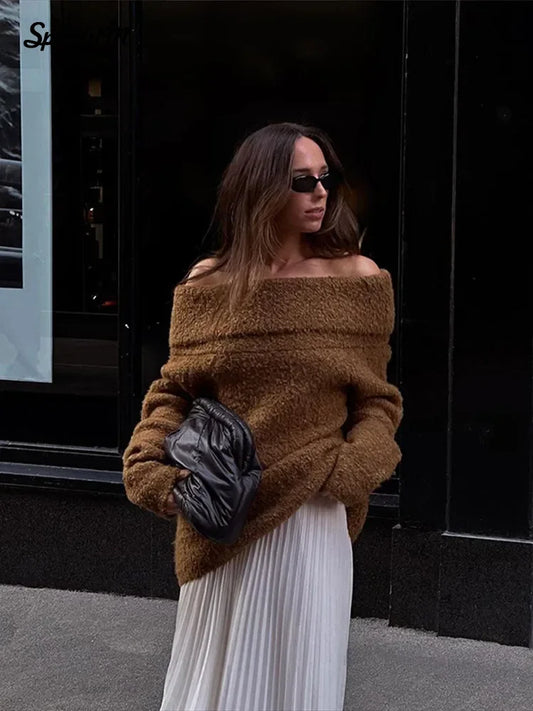 Elegant Brown Off-Shoulder Pullover